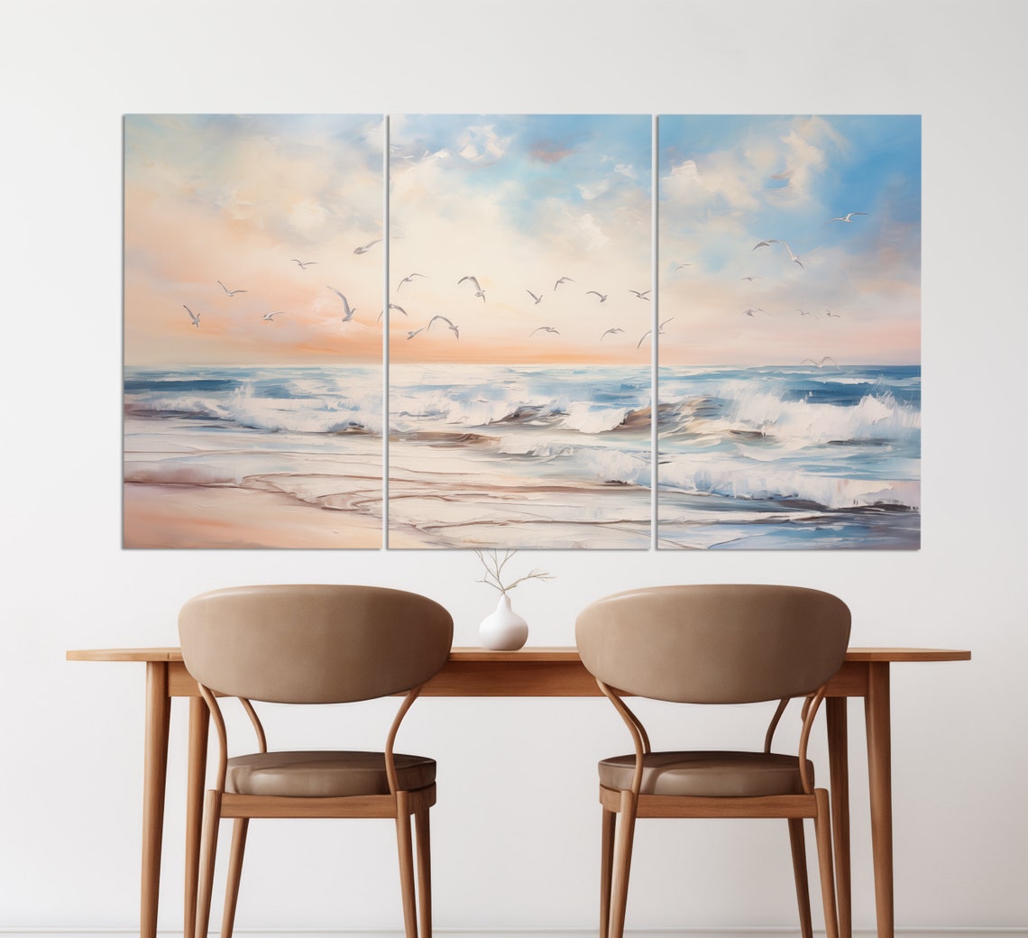 Seagulls Over Ocean Waves Sunset Soft Peach Blue Oil Painting Wall Art - Image 6