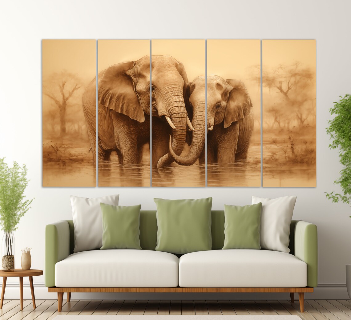 Elephant Couple Trunks Intertwined Water Sepia Golden Wildlife Poster - Image 2
