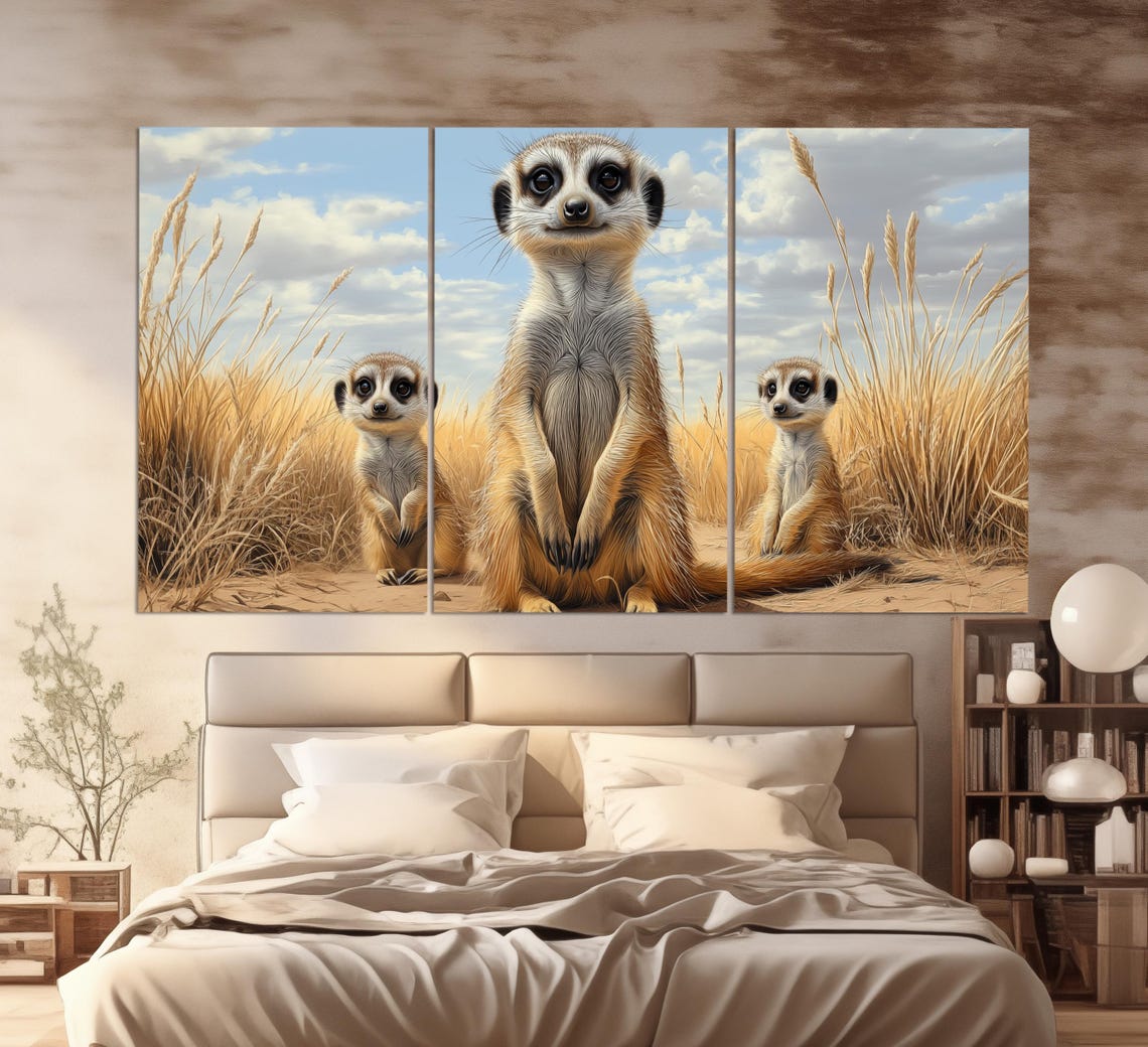 Meerkat Family Trio in Golden Grassland Cute Wildlife Art Poster - Image 5