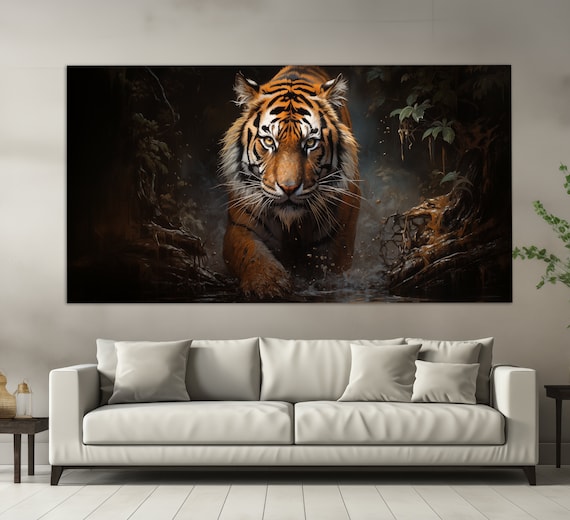 Majestic Tiger Dark Jungle Stream Intense Eyes Oil Painting Style Poster
