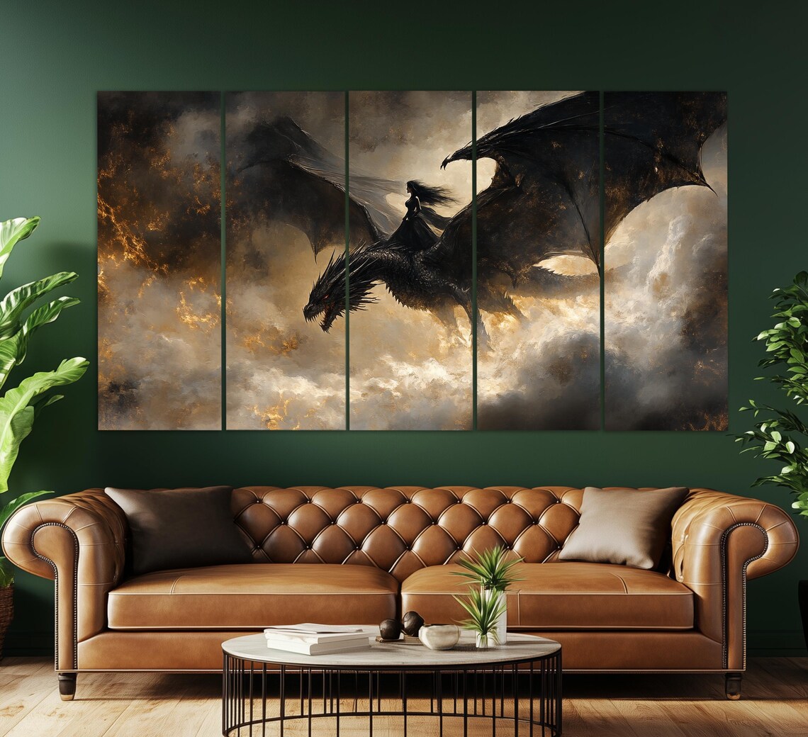 Black Dragon Flying With Female Rider Through Storm Clouds Fantasy Art Poster - Image 2