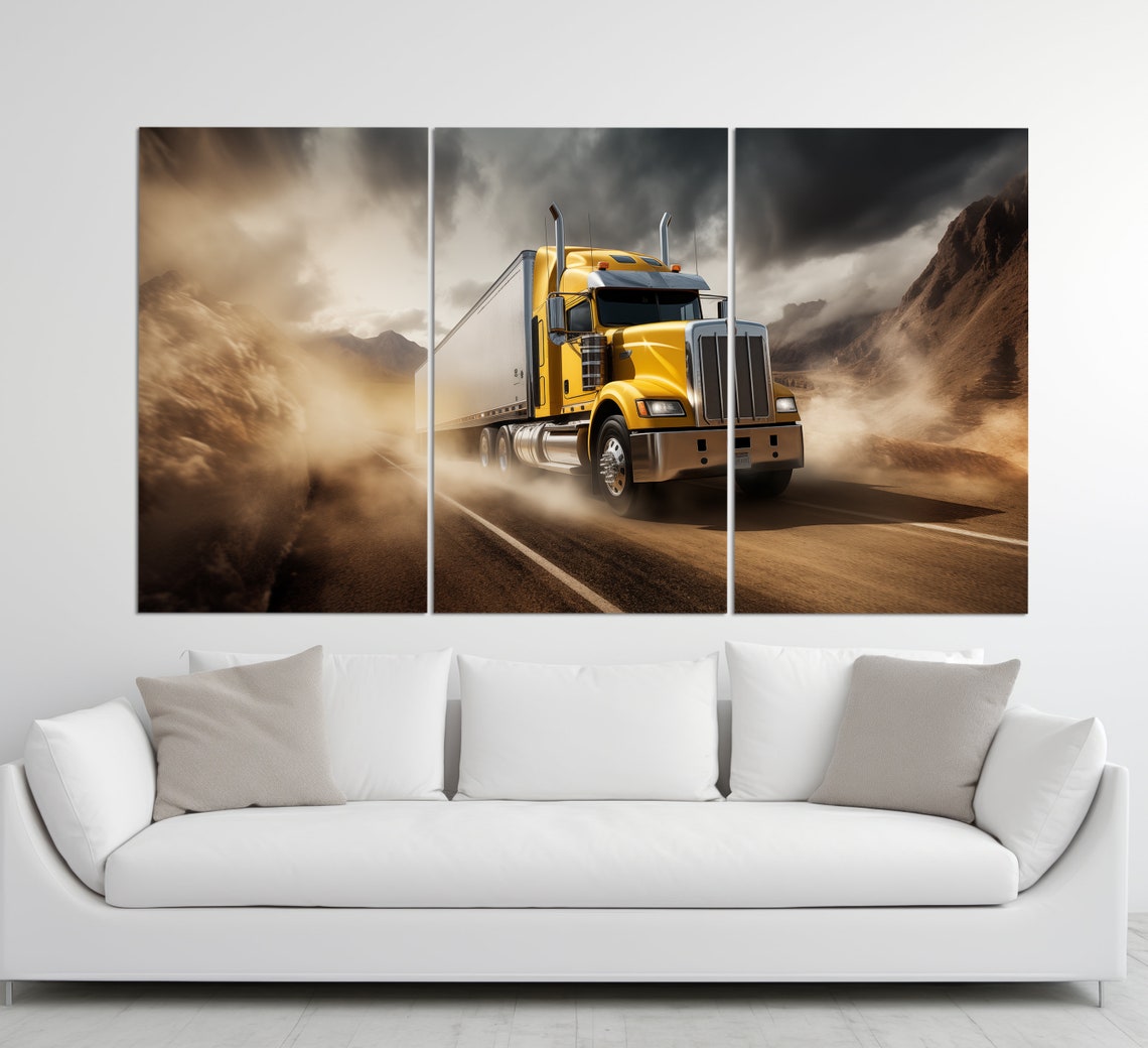 Yellow Semi Truck Speeding Desert Highway Dramatic Clouds Art Poster - Image 3