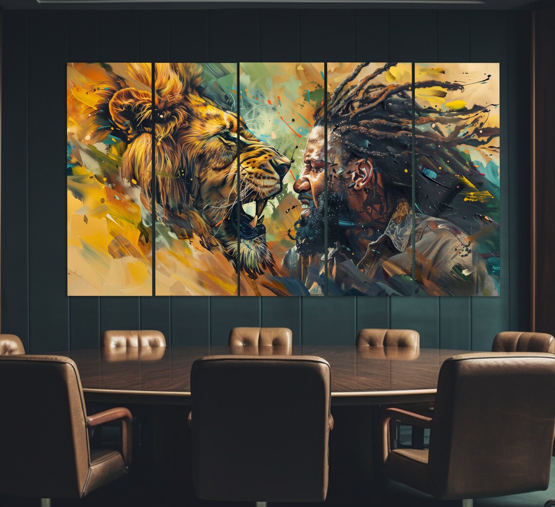 Roaring Lion Facing Man With Dreadlocks Abstract Wild Encounter Art Poster - Image 2