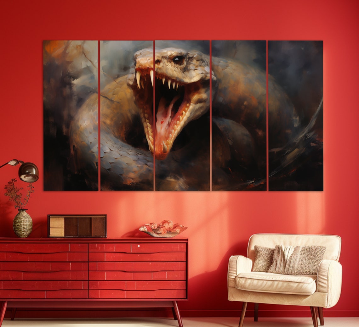 Striking Snake Open Jaws Fangs Dark Moody Oil Painting Wall Art - Image 5