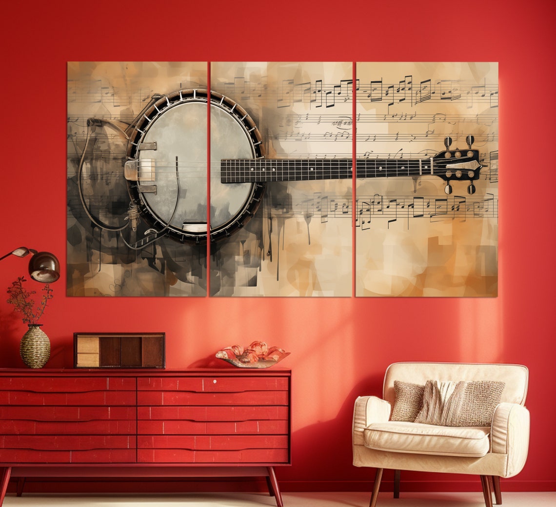 Vintage Banjo On Sheet Music Sepia Oil Painting Musician Gift Wall Art - Image 3