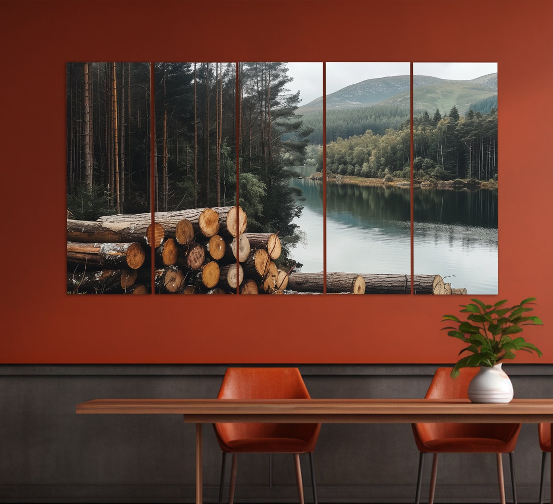 Cut Timber Logs Stacked By Scenic Forest Lake Mountain View Wall Art - Image 5