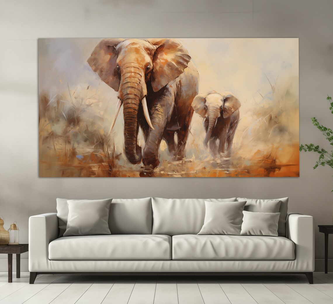 Elephant Mother And Calf Golden Savanna Dust Oil Painting Poster