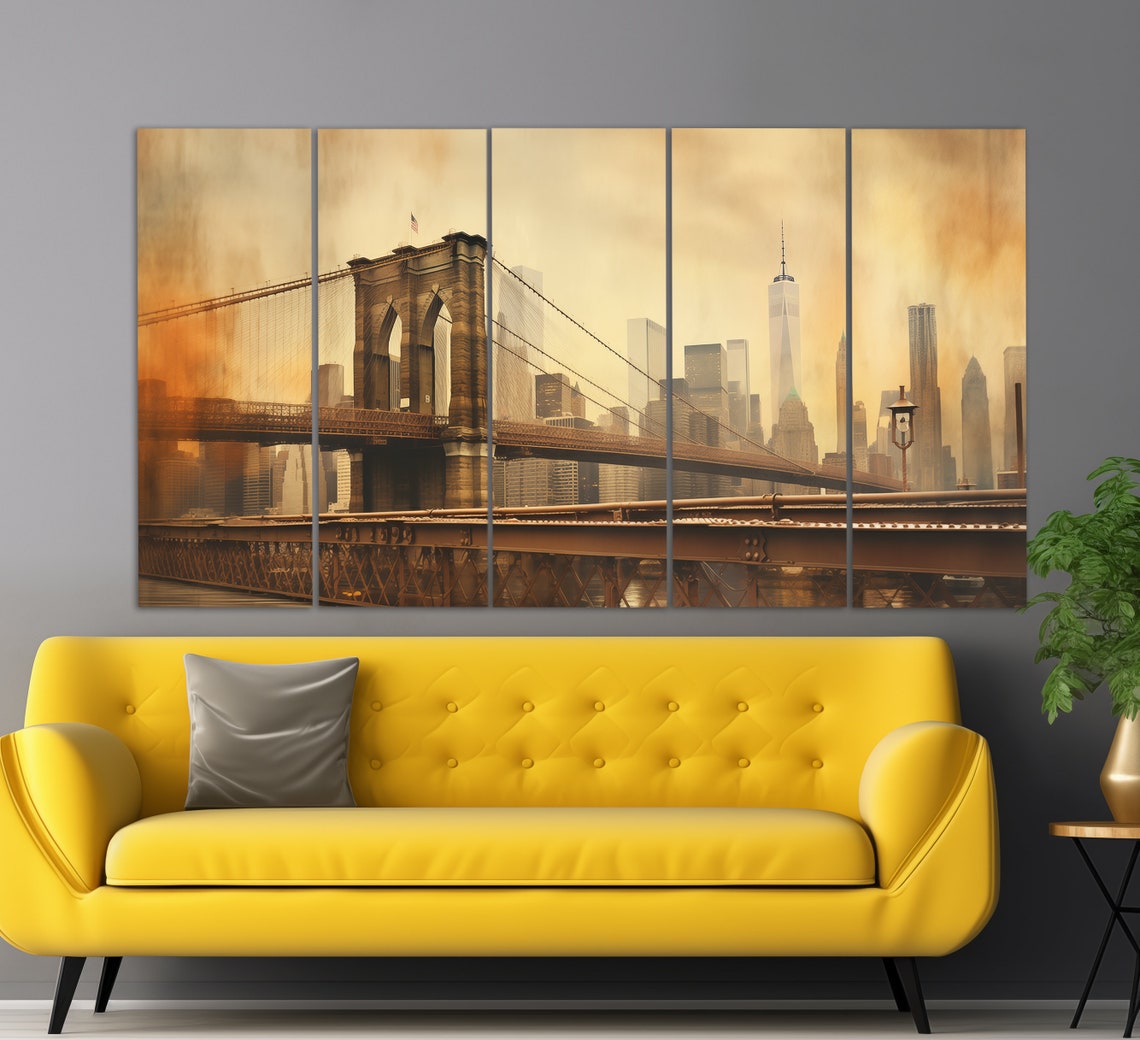 Brooklyn Bridge Sunset New York City Skyline Vintage Painting Poster - Image 2