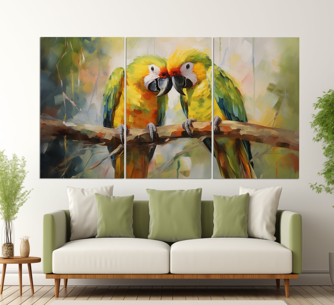 Macaw Parrot Couple Touching Beaks Colorful Oil Painting Wall Art - Image 3
