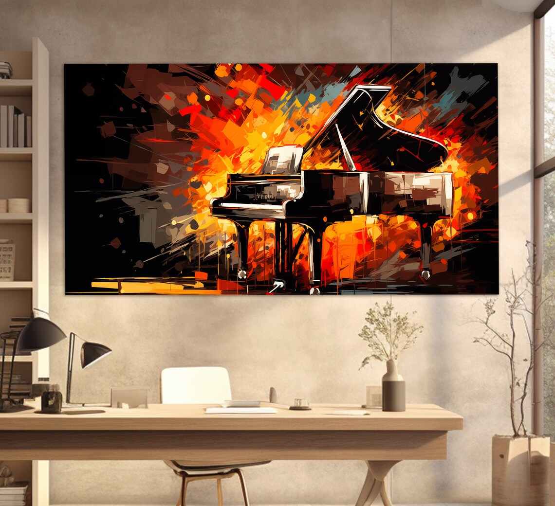 Grand Piano Fiery Red Orange Abstract Brushstroke Music Lovers Wall Art - Image 4