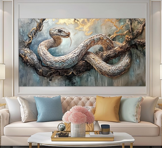 White Snake Coiled On Branch Gold Leaf Year Of Snake Oil Painting Poster