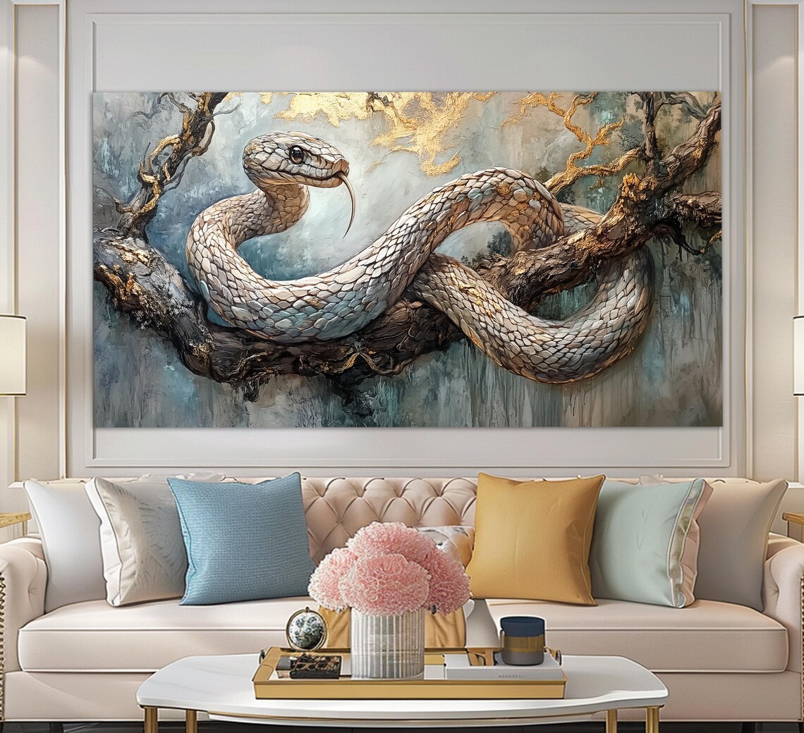 White Snake Coiled On Branch Gold Leaf Year Of Snake Oil Painting Poster