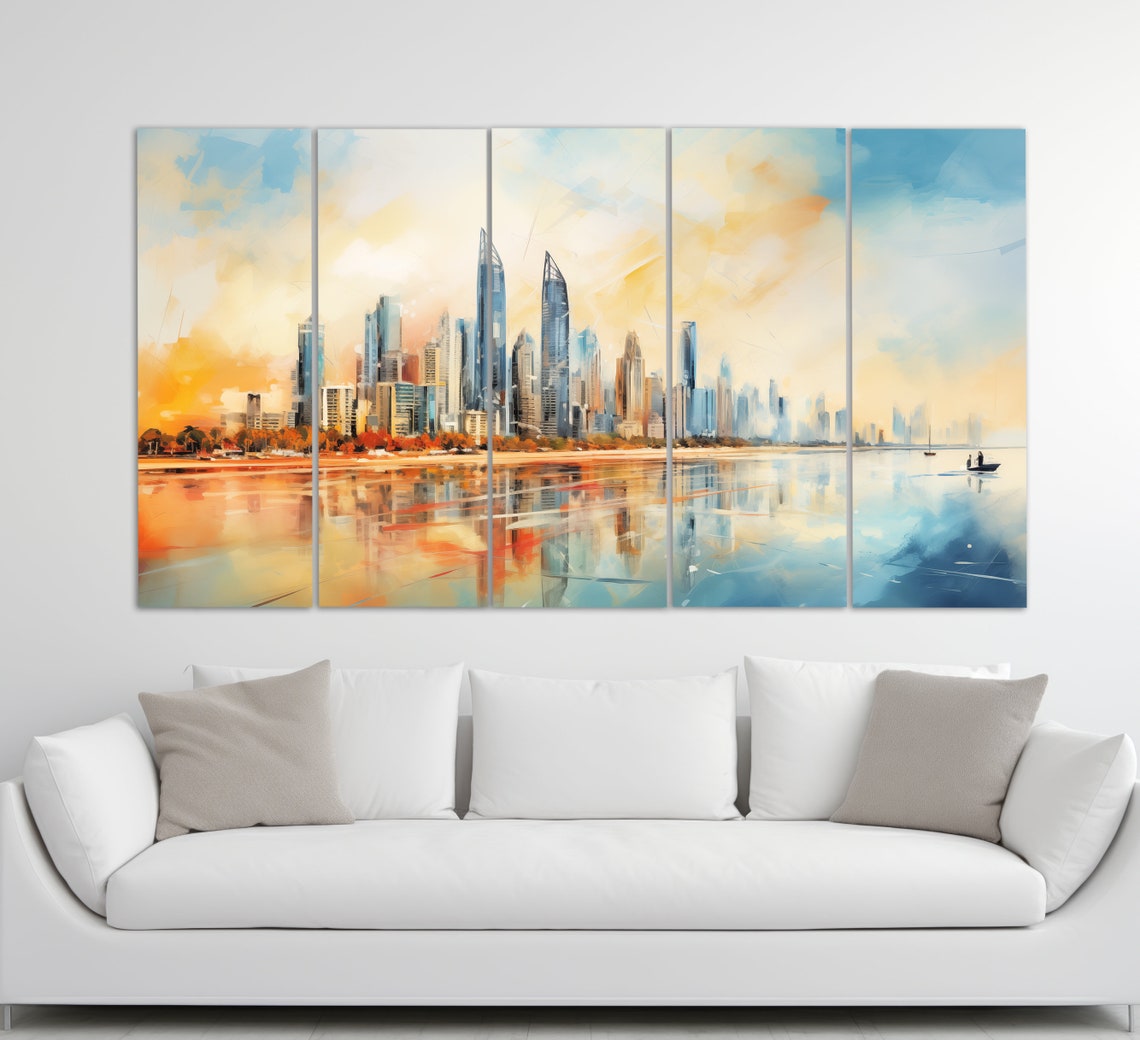 Abu Dhabi UAE Skyline Waterfront Watercolor Style Sunset Travel Poster - Image 2