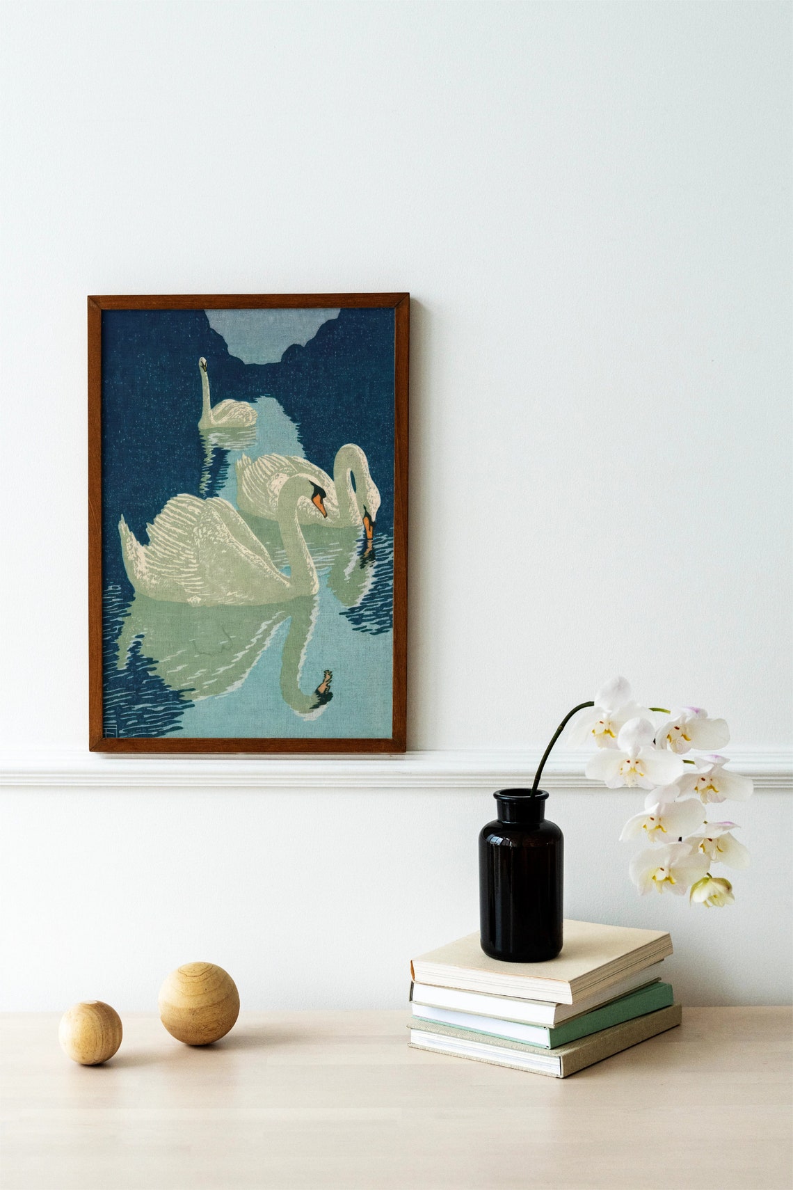 Vintage White Swans On Dark Water Woodblock Style Bird Art Poster - Image 2