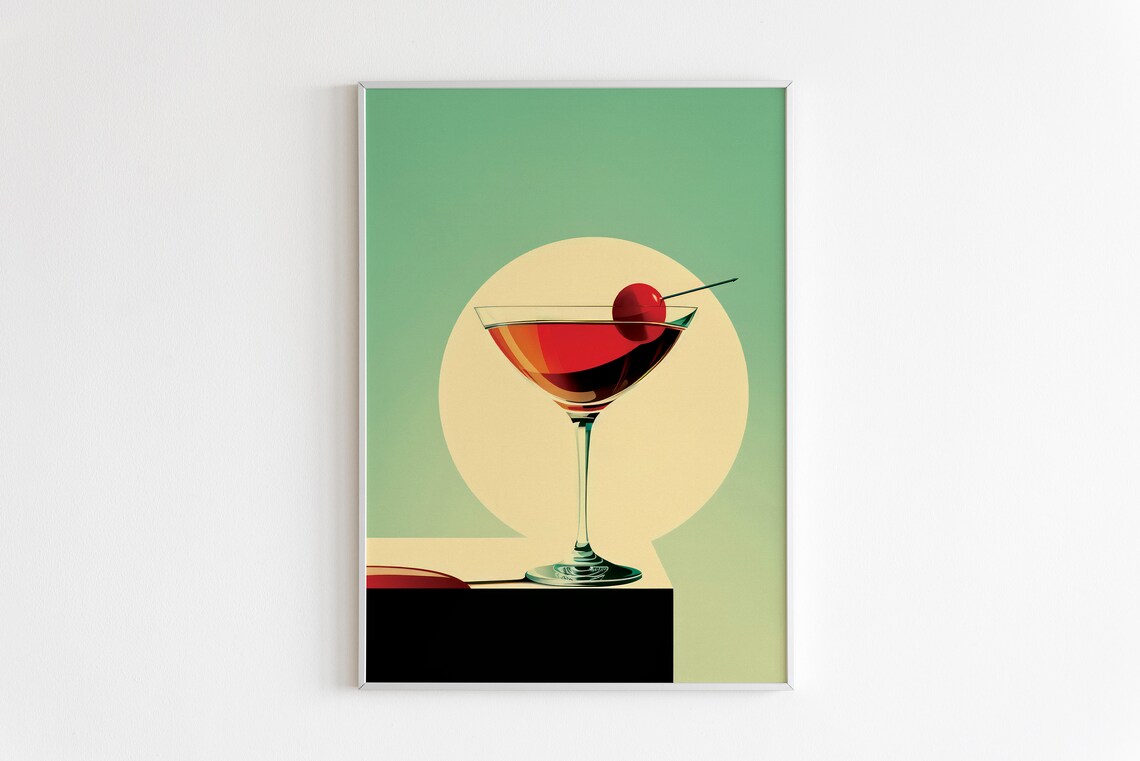 Vintage Martini Glass With Cherry Mid Century Retro Bar Decor Poster