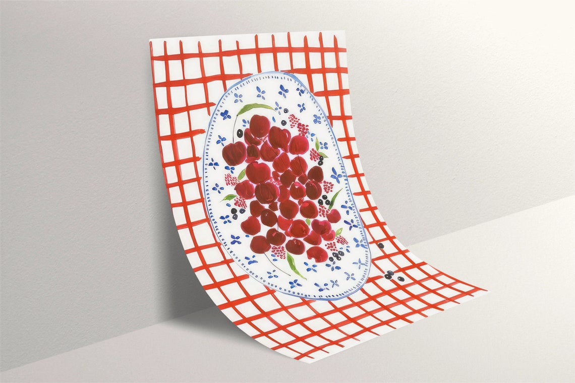 Fresh Cherries On Floral Platter Red Checkered Kitchen Art Poster - Image 2
