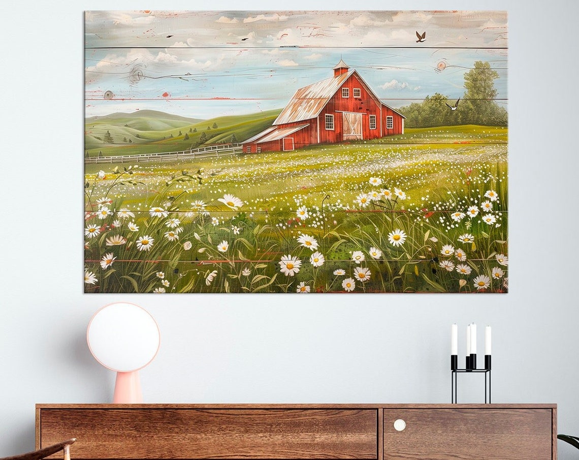 Red Barn in Daisy Meadow Rustic Farmhouse Countryside Wall Art Poster