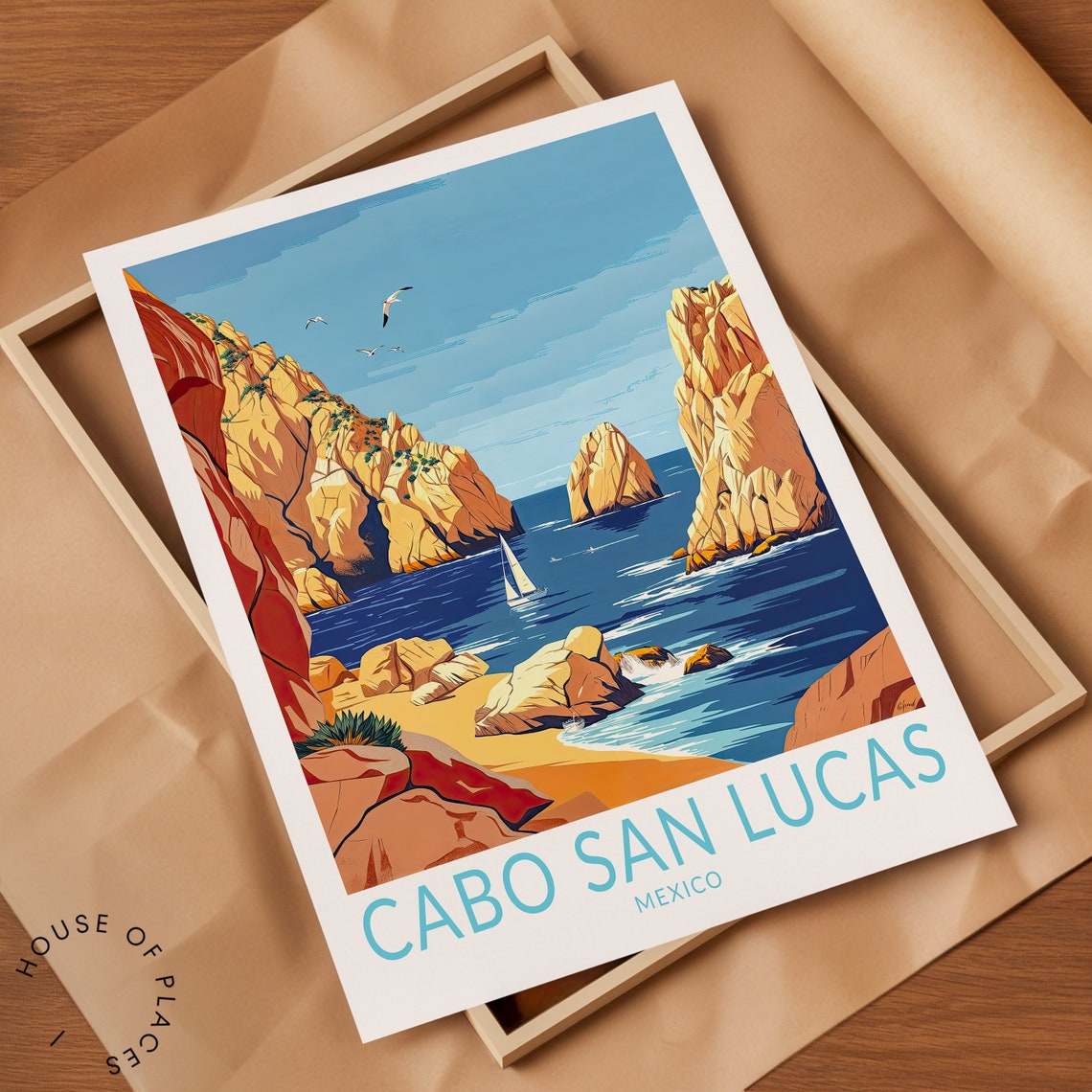 Cabo San Lucas Mexico Golden Cliffs Sailboat Teal Travel Poster - Image 2