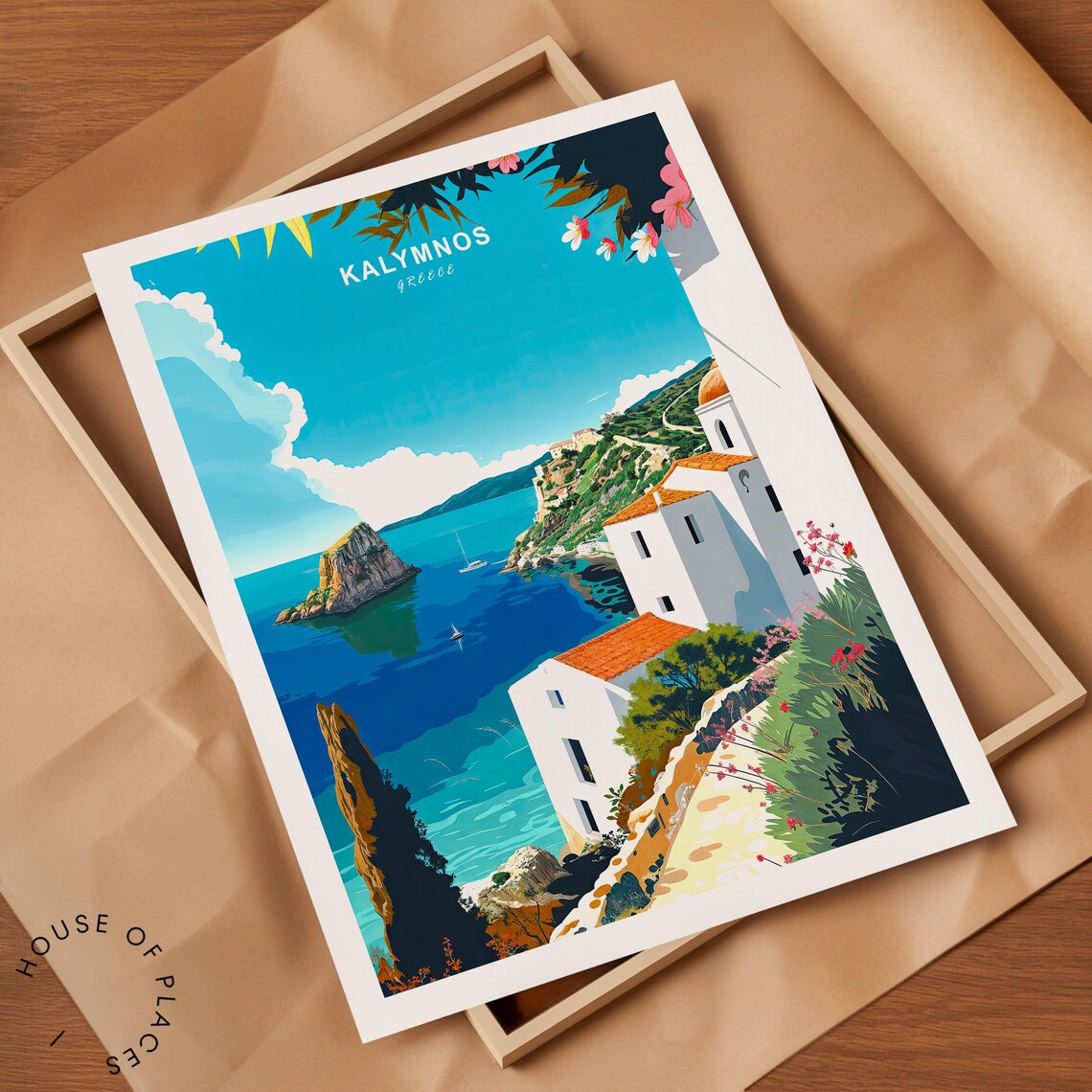 Kalymnos Greece Travel Poster Turquoise Coast Church Bougainvillea - Image 2