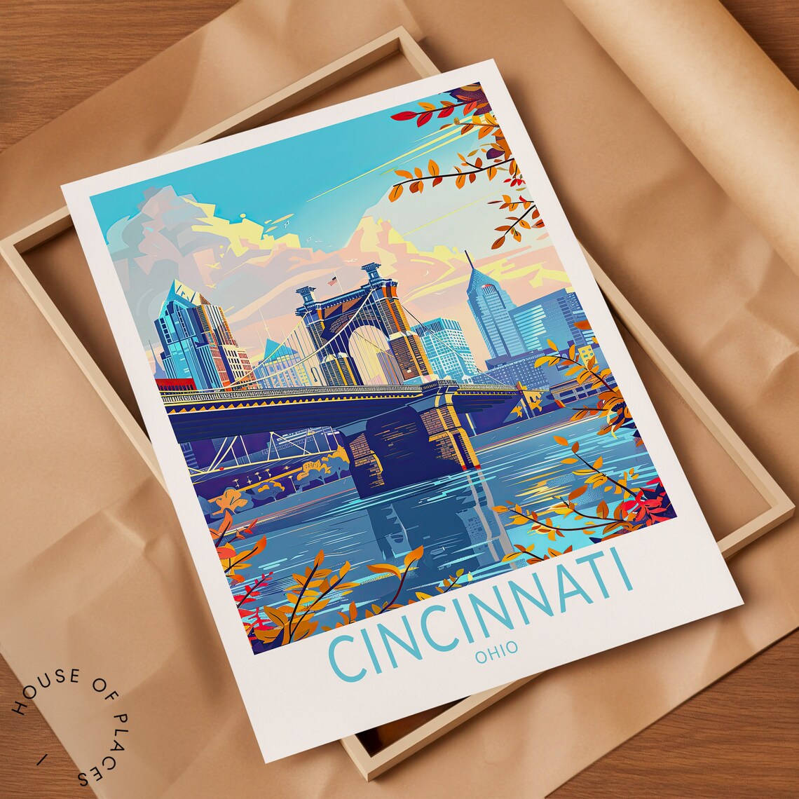 Cincinnati Ohio Travel Poster, John Roebling Bridge - Image 2