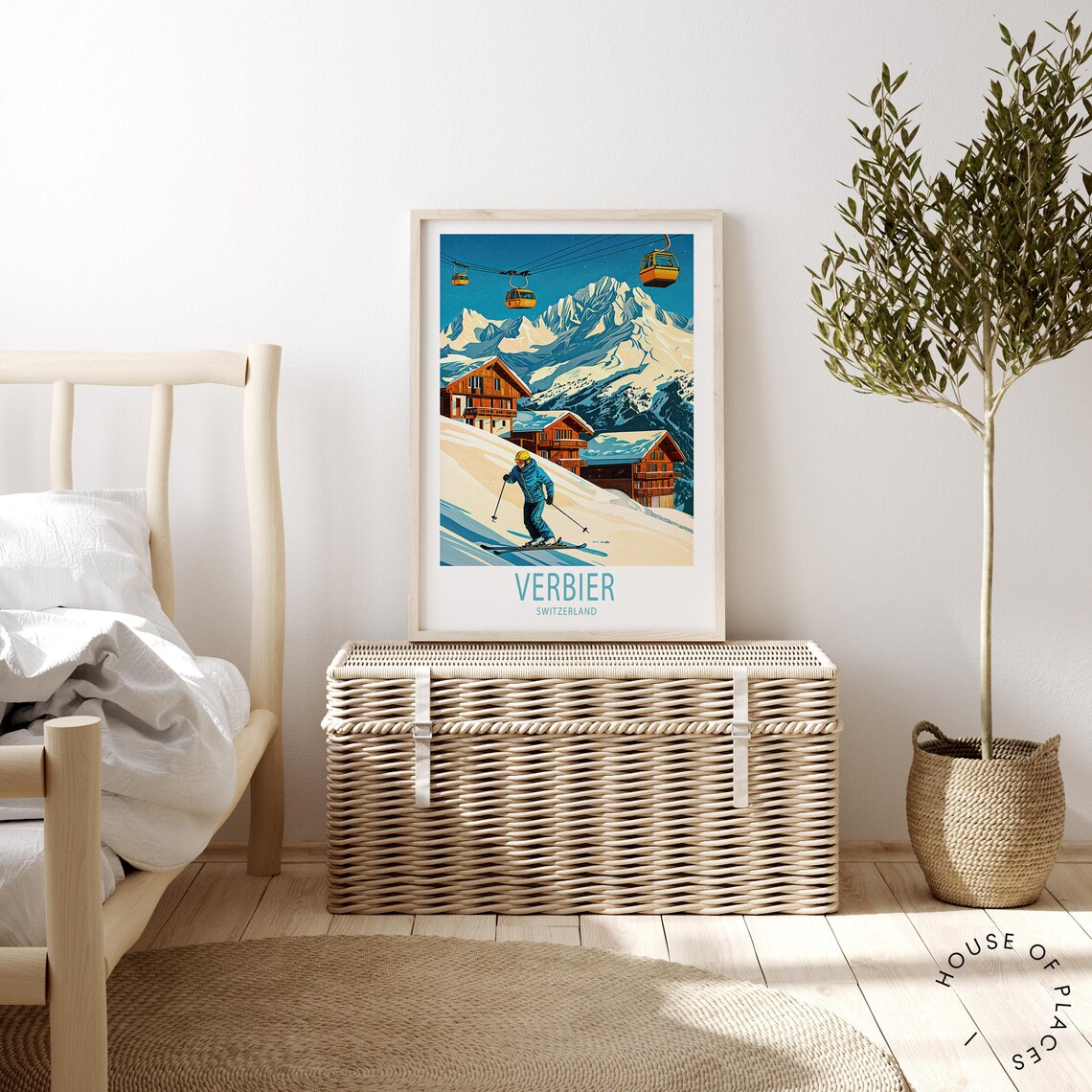 Verbier Switzerland Skier in Front of Alpine Chalets and Gondola Poster - Image 2