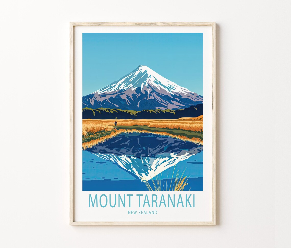 Mount Taranaki New Zealand Volcano Peak Reflection Golden Fields Poster