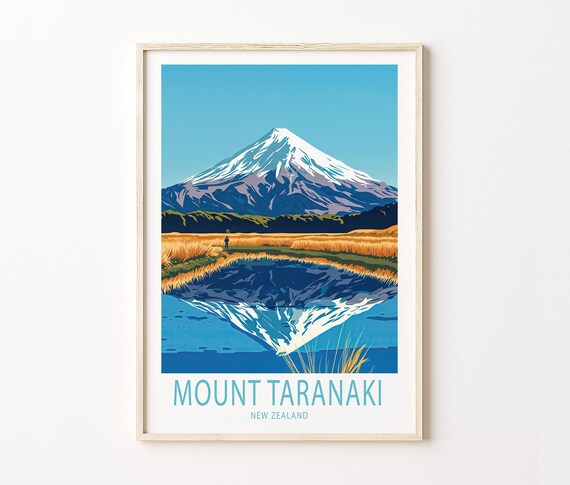 Mount Taranaki New Zealand Volcano Peak Reflection Golden Fields Poster