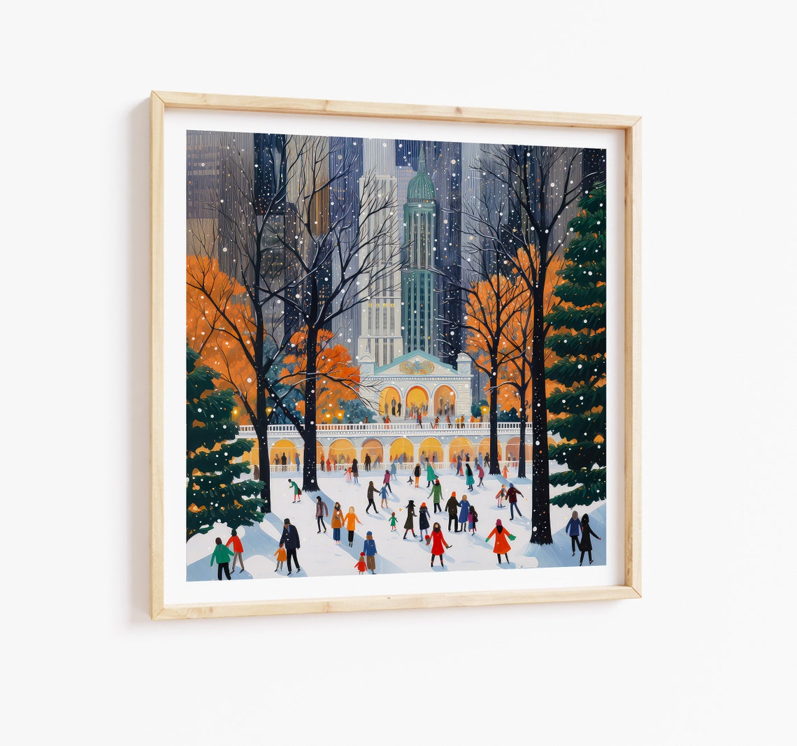 New York City Winter Ice Skating Snow Park Square Travel Poster - Image 3