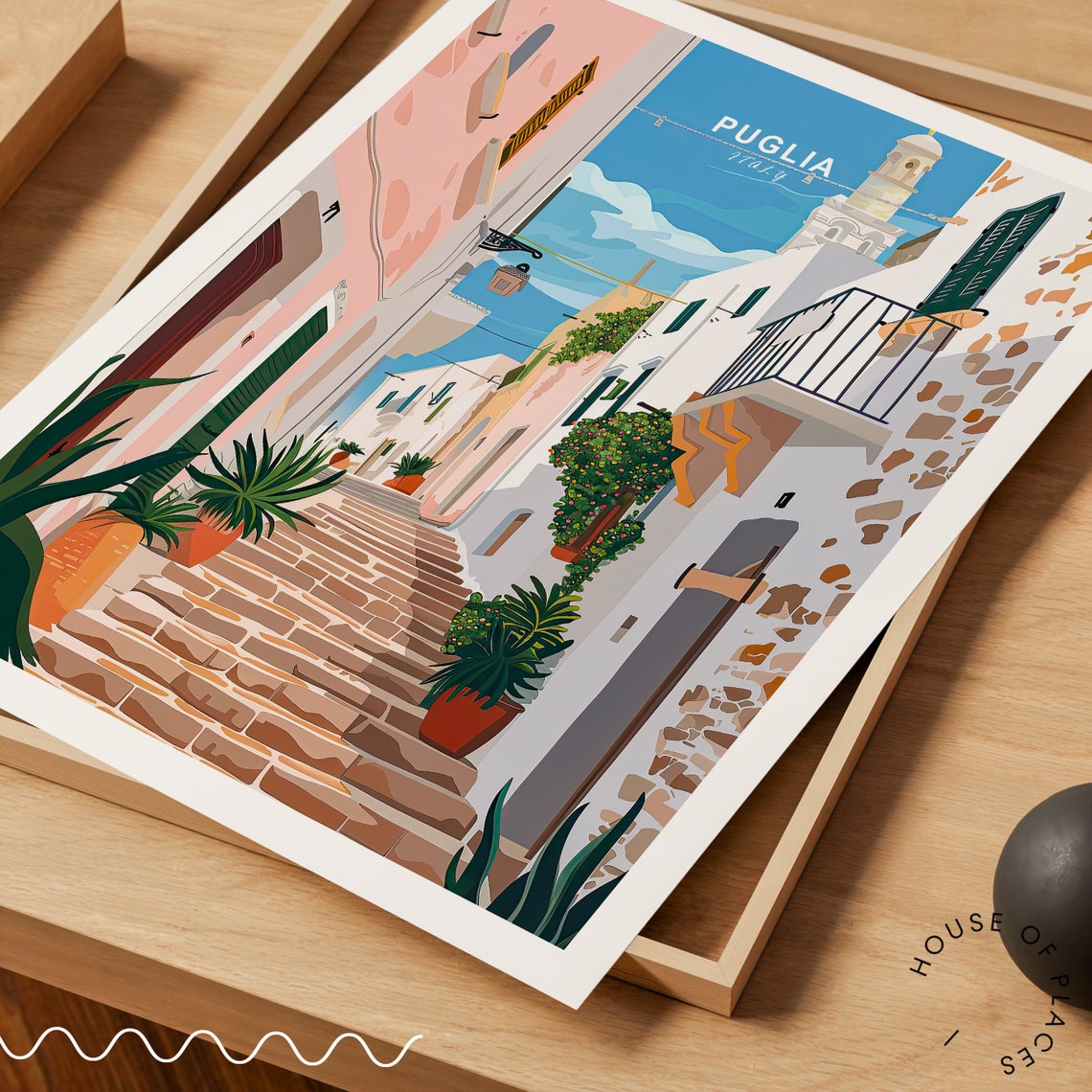 Colorful Puglia Italy Old Town Stone Steps Bell Tower Travel Poster - Image 3