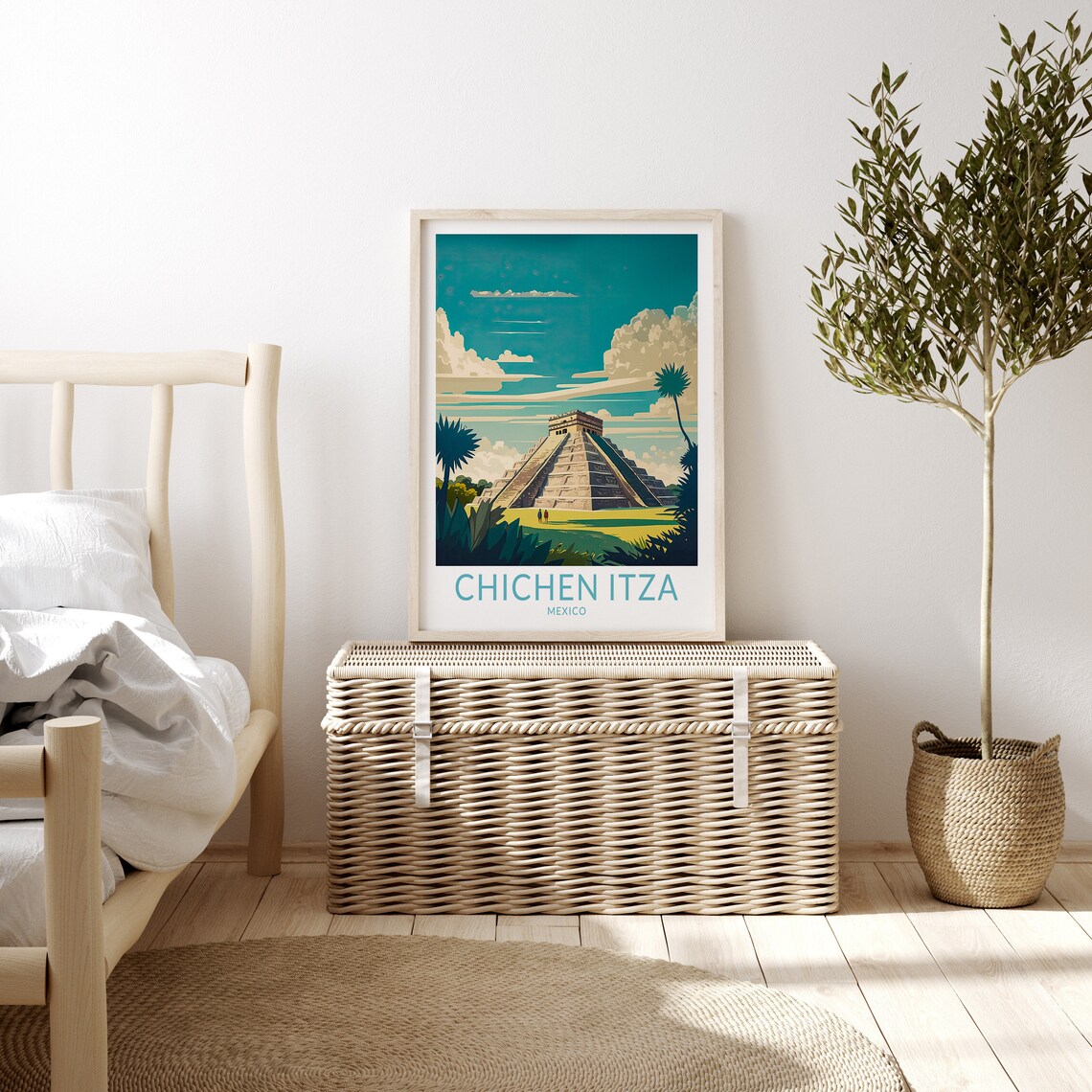 Chichen Itza Mexico Mayan Pyramid Palm Trees Vintage Daytime Travel Poster - Image 3