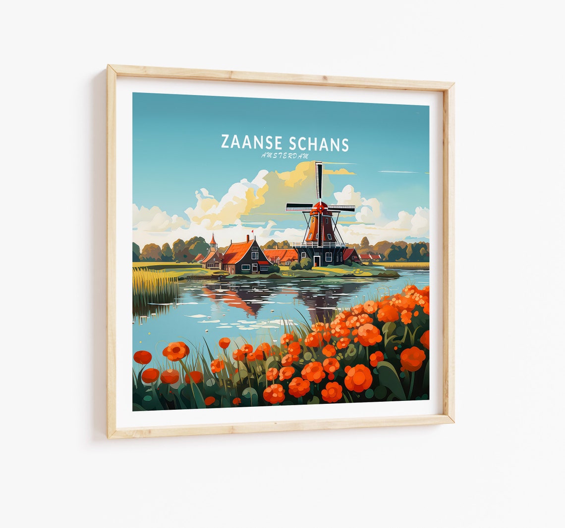 Zaanse Schans Amsterdam Dutch Windmill Red Flower Travel Poster
