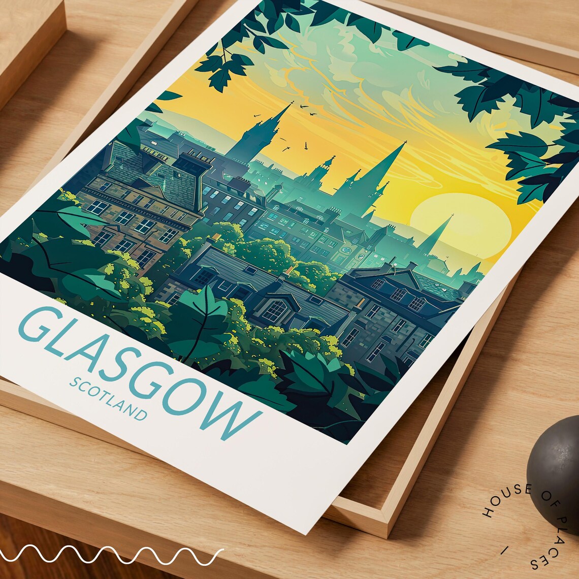 Glasgow Scotland Skyline at Sunset with Church Spires Travel Poster - Image 3