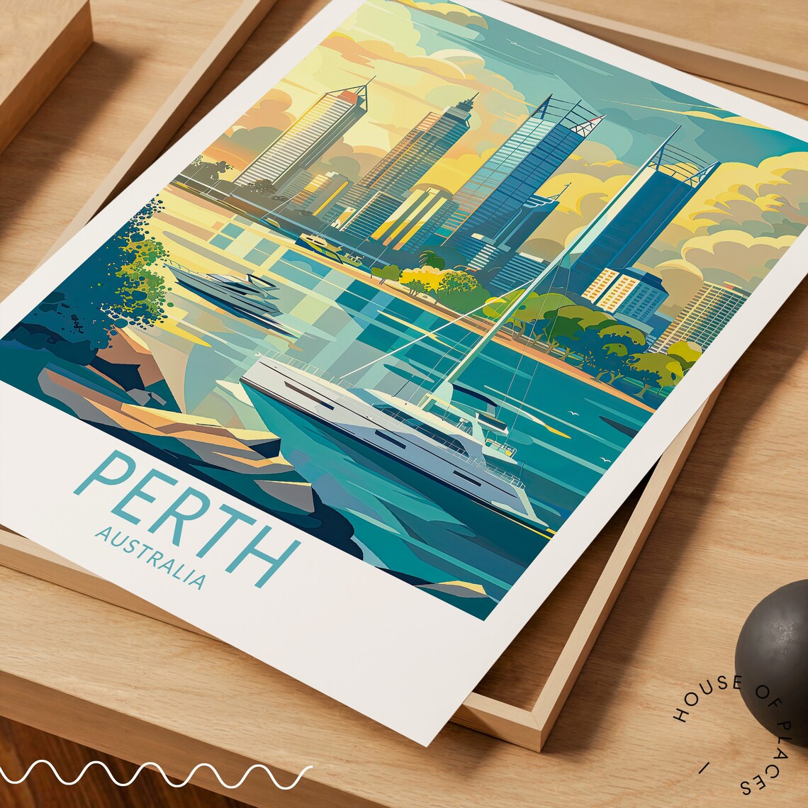 Perth Australia Skyline At Sunset With Boats Vintage Travel Poster - Image 3