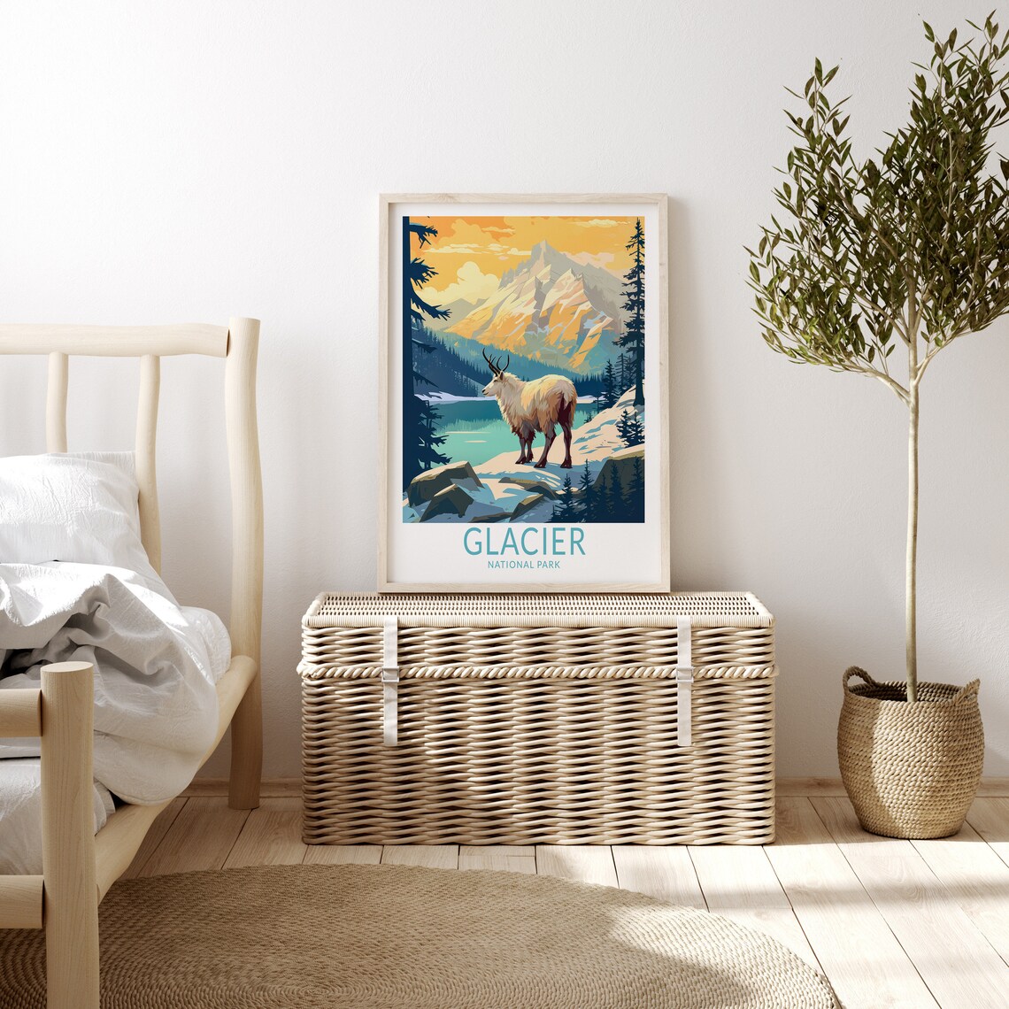 Glacier National Park Mountain Goat Sunset Wildlife Art Poster - Image 3