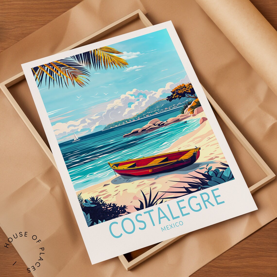 Costalegre Mexico Tropical Beach Red Boat Vintage Coastal Travel Poster - Image 2