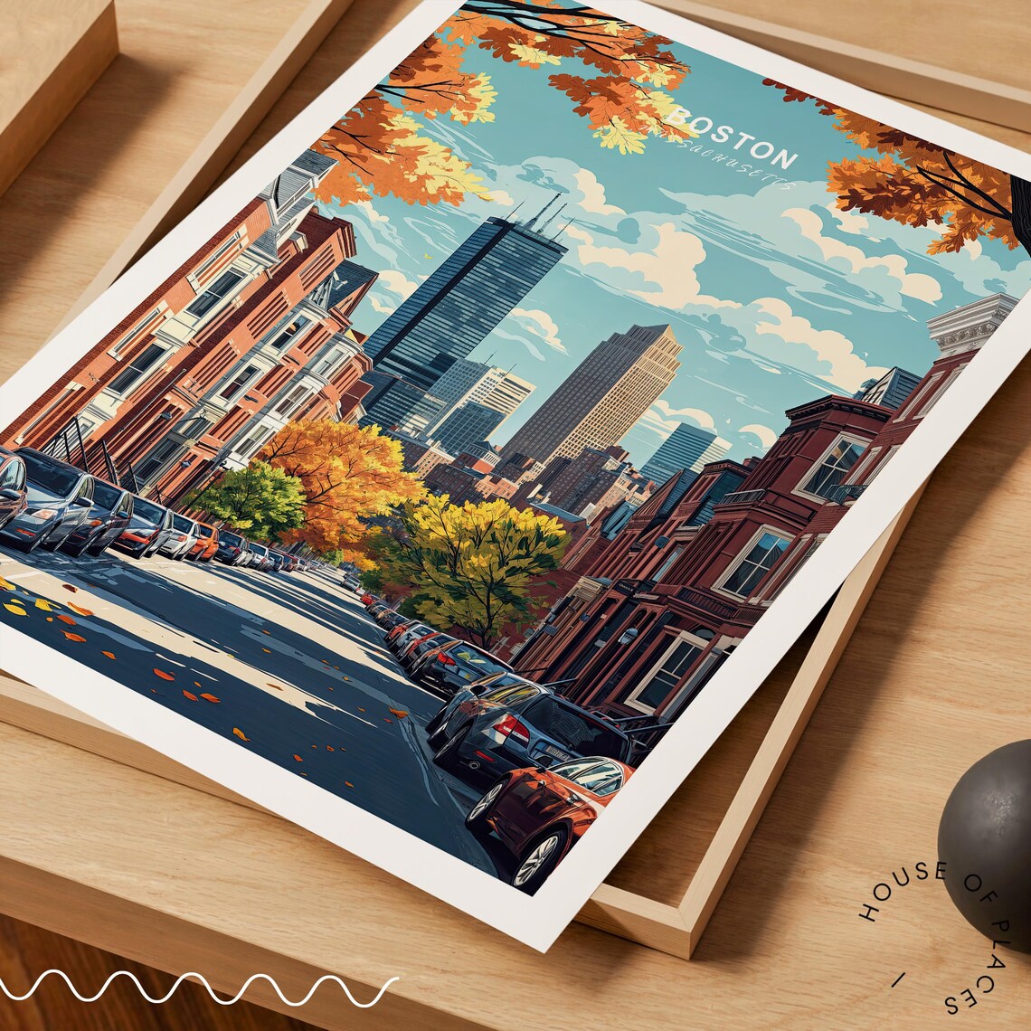 Boston Massachusetts Autumn Brownstone Street Travel Poster City Scene - Image 3