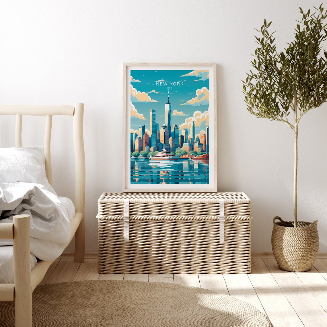 New York City Manhattan Skyline Ferry Vintage Travel Art Poster - Image 3
