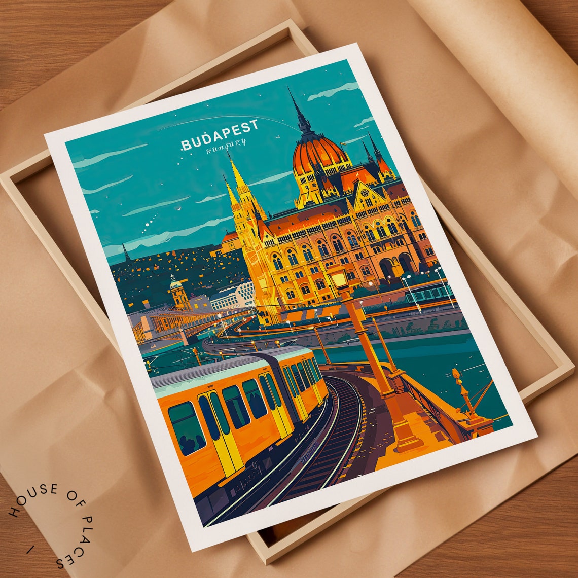 Budapest Hungary Parliament Building Night Vintage Travel Poster - Image 2