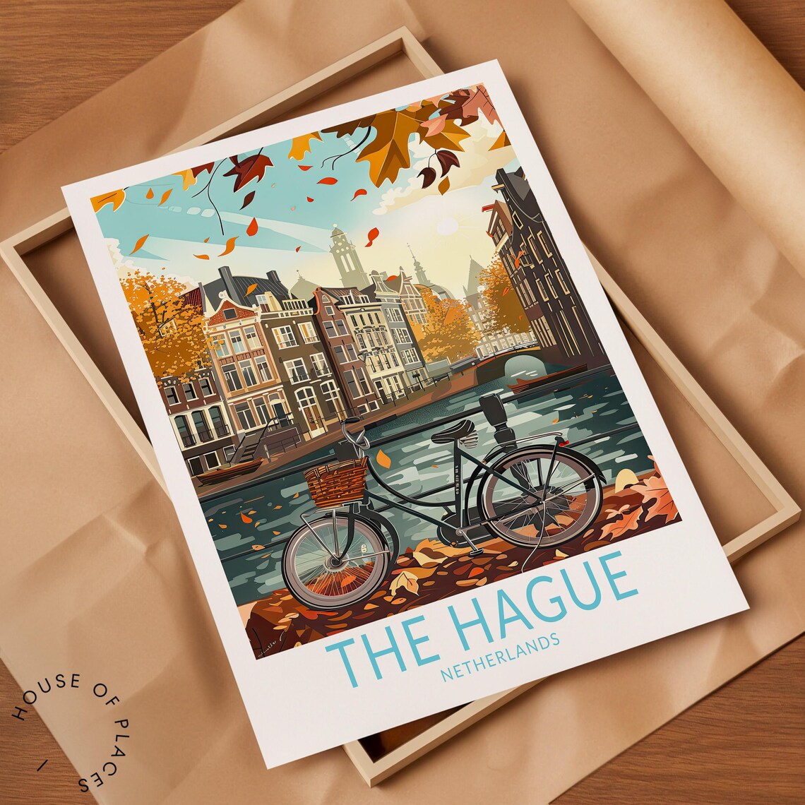 The Hague Netherlands Autumn Canal with Bicycle Travel Scene Poster - Image 2