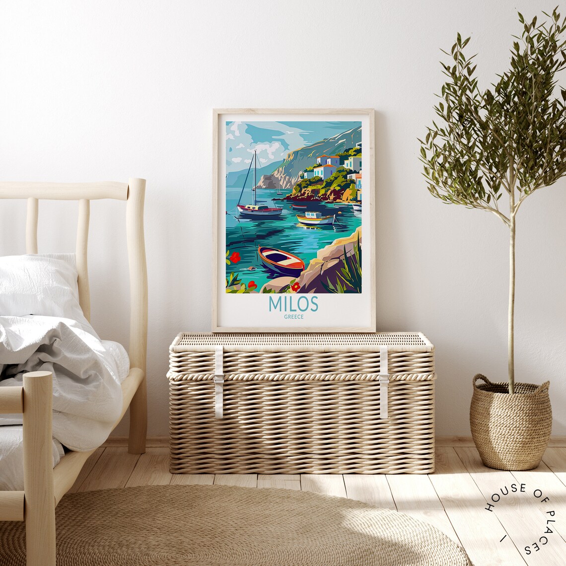Milos Greece Turquoise Cove Boats Cliff Village Travel Poster - Image 4