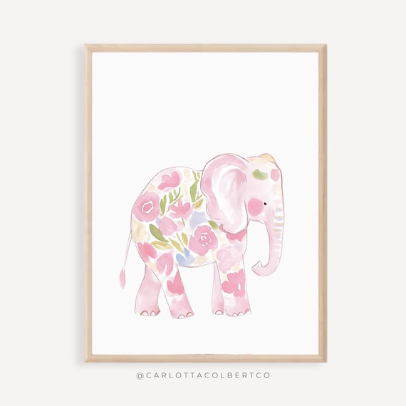 Safari Animal Elephant Print Pink Girl Nursery Floral Art Flower Jungle Animals Girly Poster Preppy Wall
