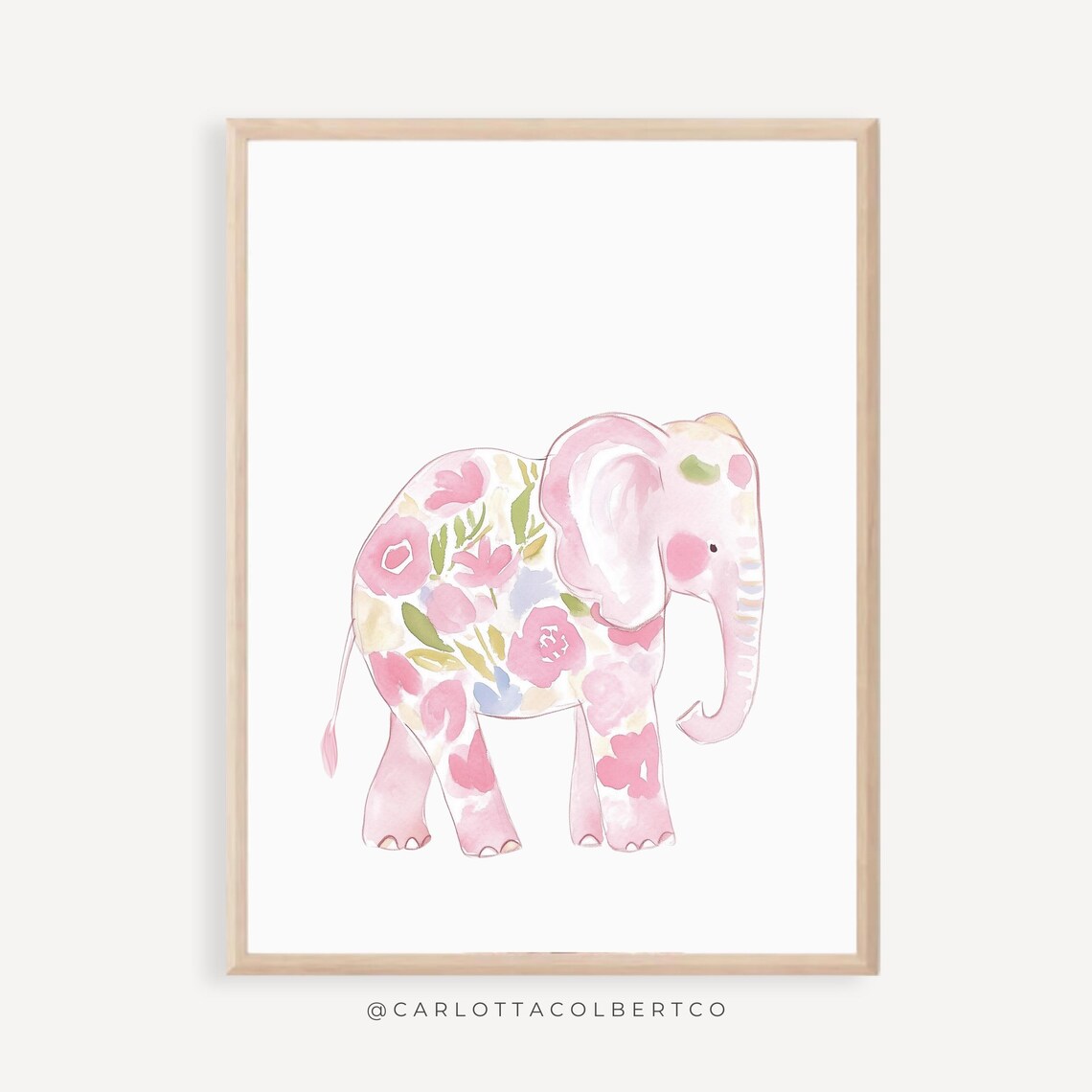 Pink Floral Watercolor Elephant Nursery Art Poster For Baby Girl Room