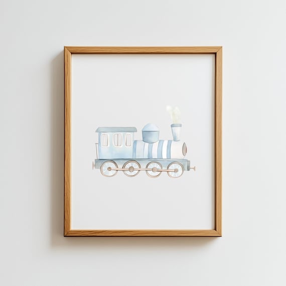 Light Blue Vintage Steam Train Watercolor Nursery Poster Boys Room