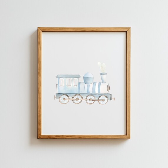Vintage Blue Travel Boy Nursery Wall Art Steam Train Print Transportation Prints Boys Room