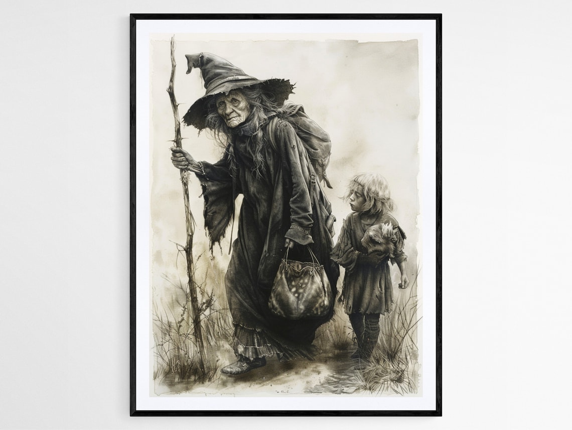 Baba Yaga Witch With Staff Walking Child Ink Sketch Fantasy Poster