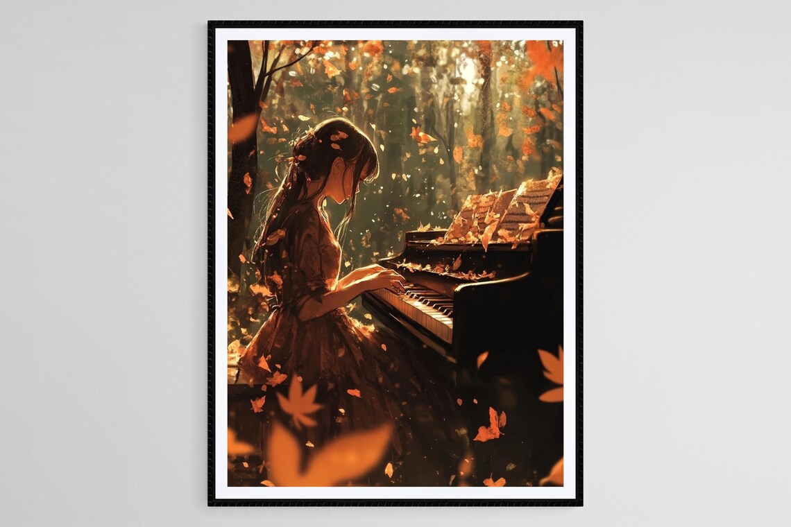 Autumn Piano Girl Art Print, Music-Inspired Seasonal Decor