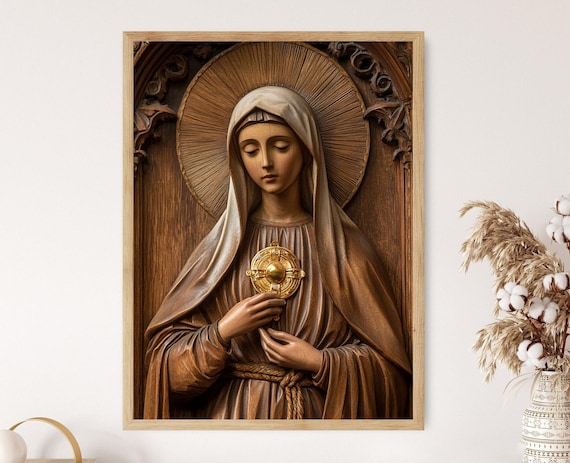Saint Clare of Assisi Wood Carving Holding Golden Monstrance Poster