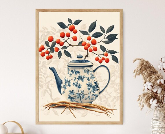 Korean Ginseng Tea Art Print Flat Vector Illustration Wellness Decor