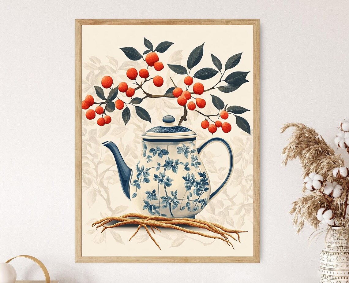 Korean Ginseng Tea Art Print Flat Vector Illustration Wellness Decor