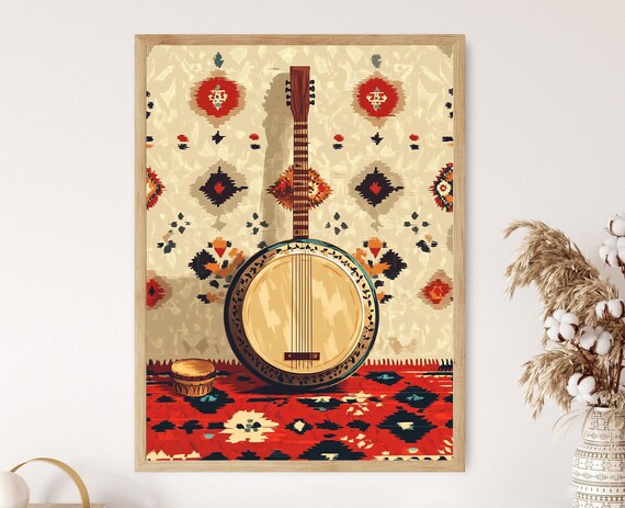 Balkan Cifteli Lute With Hand Drum On Colorful Kilim Rug Art Poster